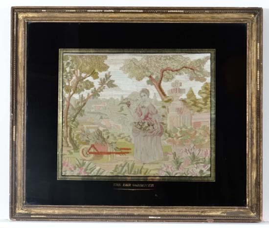 Woolwork : a Verre églomisé mounted woolwork entitled ' The Fair Gardener ' under , in a gilt