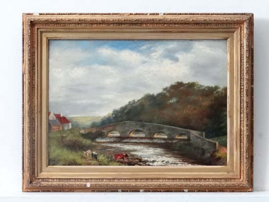 XIX English School
Oil on canvas
Cattle drinking at a river with a 4 arch stone bridge
10 x 14"