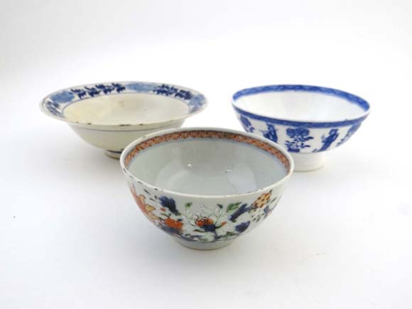 Three assorted 18/19thC Chinese bowls, one signed under, one with a small foot and a bowl with
