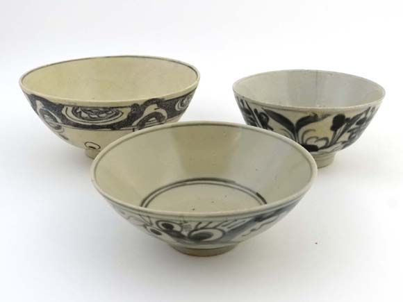 Three 18 / 19 th C  Chinese Bowls ,all with blue and white hand painted exteriors, the largest 5
