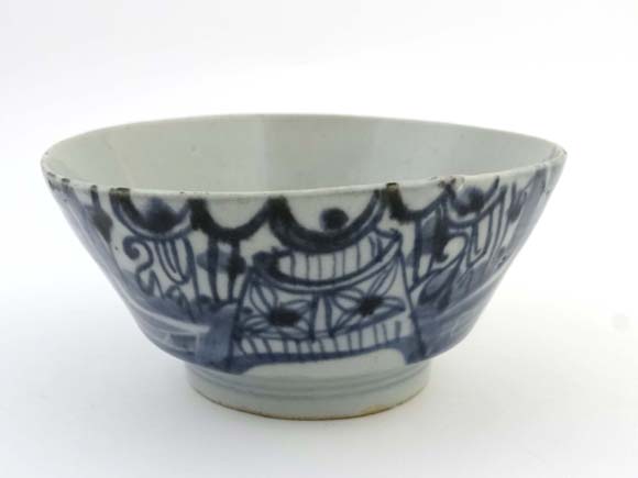 18 / 19 th C Chinese Bowl : A blue and white exterior bowl  with celadon style glaze, 6 1/4"