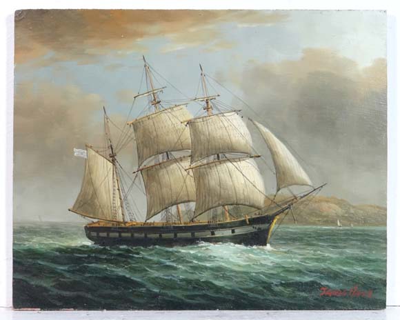 James Hardy XX Marine School
Oil on board
' An American Warship off the Coast '
Signed lower right