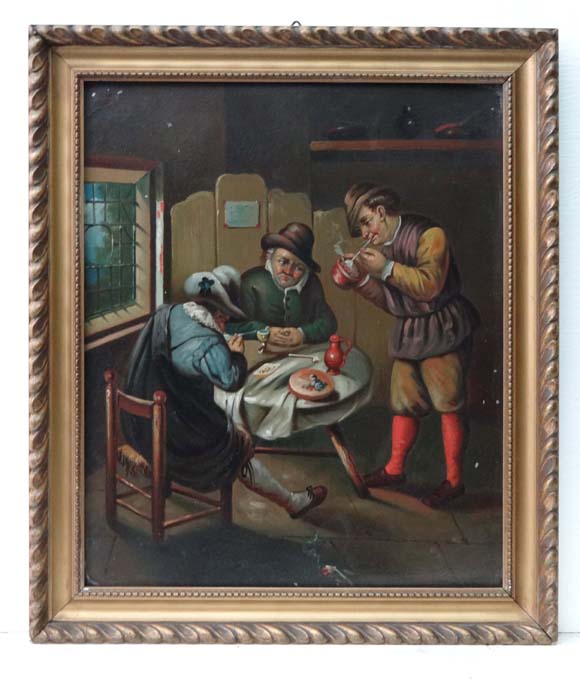 Early 19thC Dutch School
Oil on tin
Figures smoking clay pipes in an interior
9 7/8 x 8"