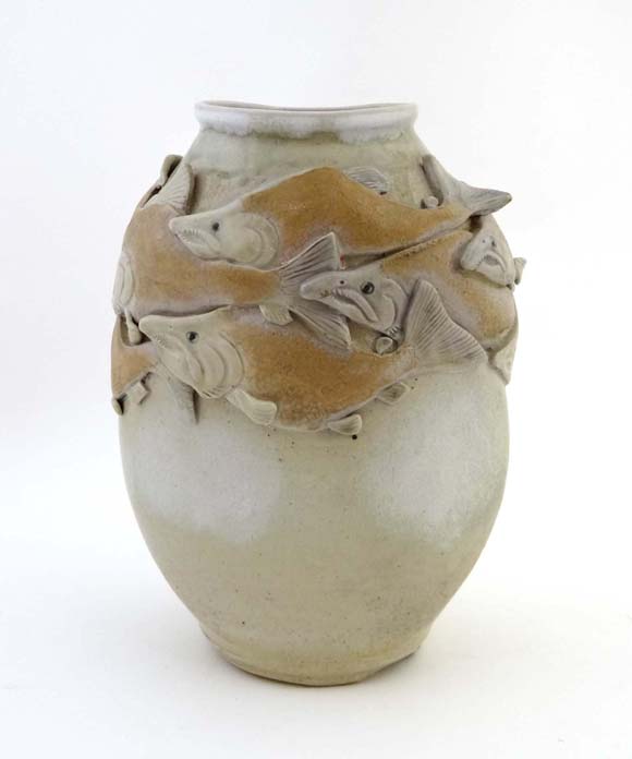 Japanese studio pottery vase : a Japanese Stoneware vase decorated with a draught of salmon to neck.