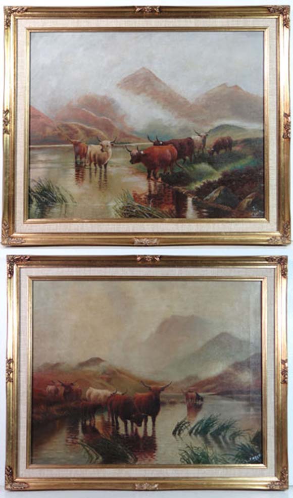 T Keck English School
Oil on canvas , a pair
Highland Cattle drinking at a Highland Loch
Both signed