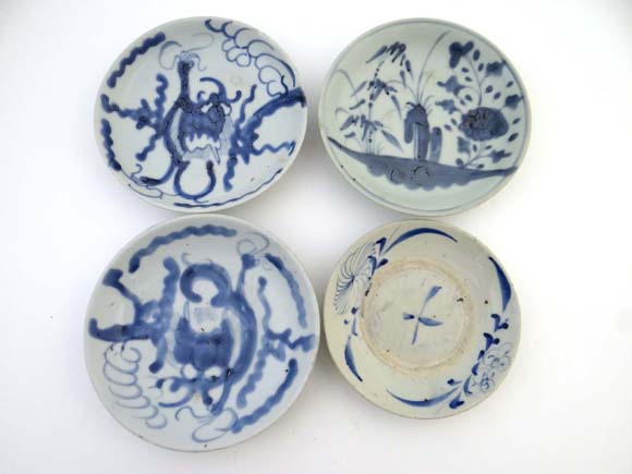 Chinese 19thC four dishes : four 18/ 19thC signed blue and white decorated dishes , mostly in