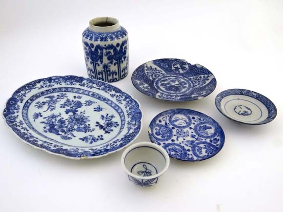 A quantity of 18thC and later Oriental blue and white pottery etc. to include a ginger jar, oval