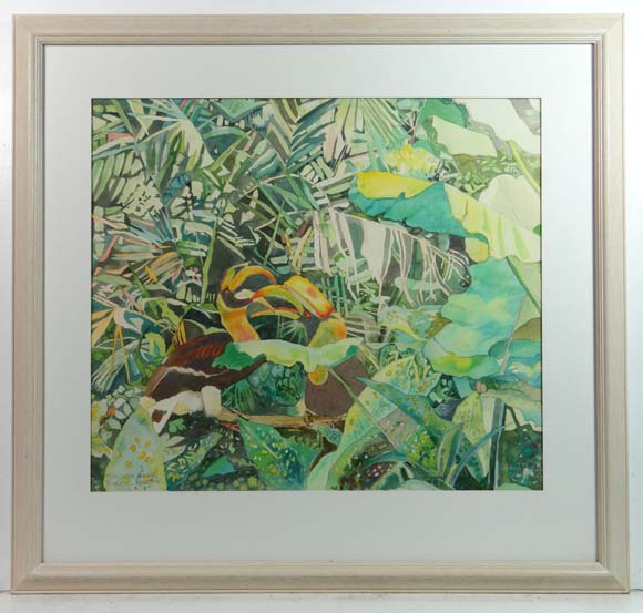Diana Ashdown  XX
Watercolour
' Two Great Hornbills (Buceros Bircronis) ' 
Signed lower right and
