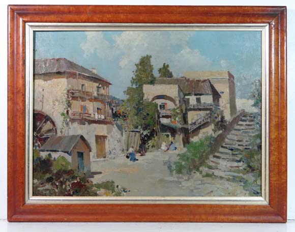 Indistinctly signed XX Italian School
Oil on canvas
Village farm with figures etc.
Signed lower left