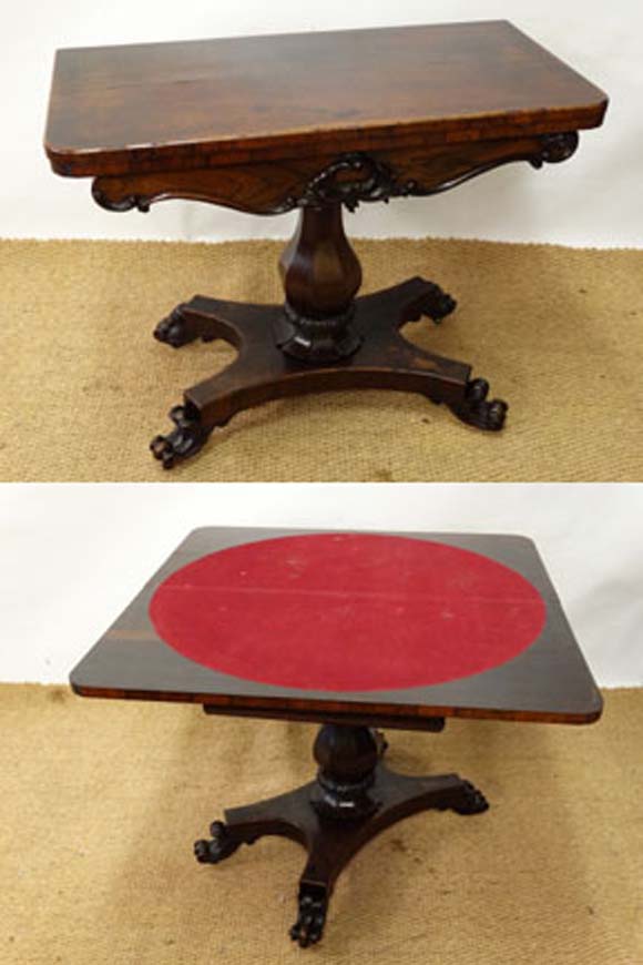 A Victorian rosewood pedestal card table with carved decoration, octagonal baluster shaped column