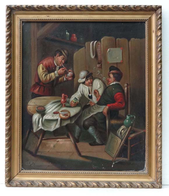 Early 19thC Dutch School
Oil on tin
Figures smoking clay pipes in an interior 
One bearing foreign