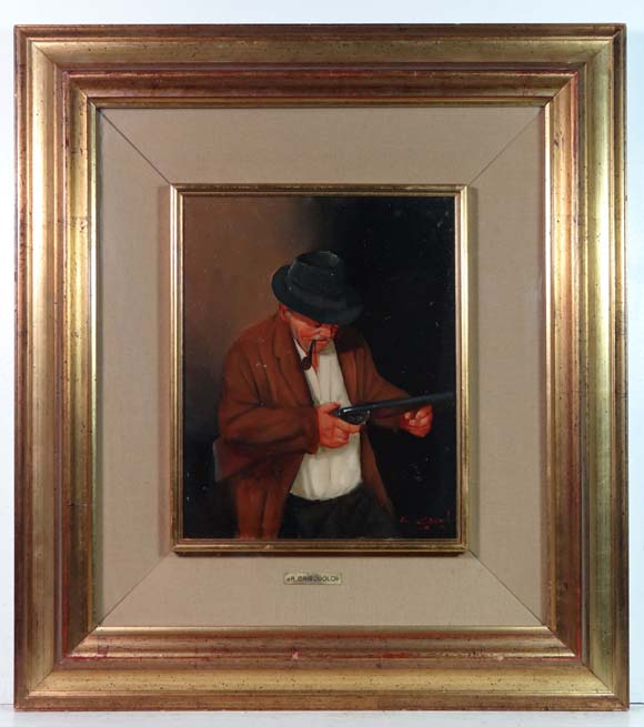 Renato Criscuolo (1954) Italian
Oil on panel
A Gunsmith? with a pipe looking at his shotgun
Signed