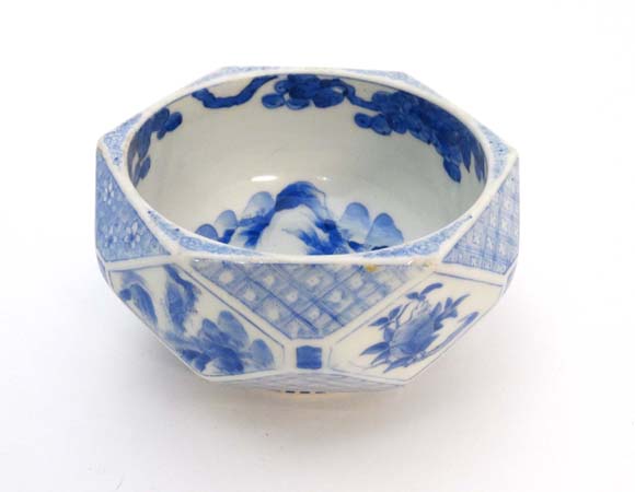 20thC Chinese : An unusual Blue and white Oriental hexagonal bowl with  hand painted decoration to