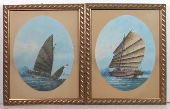 XIX-XX Chinese School
Gouache on paper ovals, a pair
Shipping Junks off coast
Each 9 1/8 x 7 1/