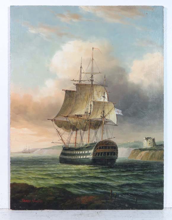 James Hardy XX Marine School
Oil on board
' Three masted warship off coast '
Signed lower left and