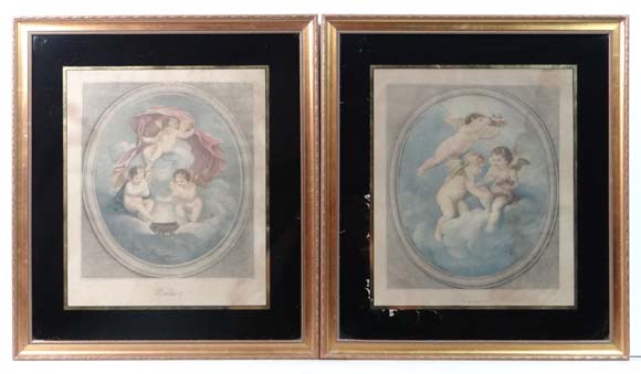 After F Bartolozzi 
A pair of coloured stipple engravings with Verre églomisé mounts and gilt frames