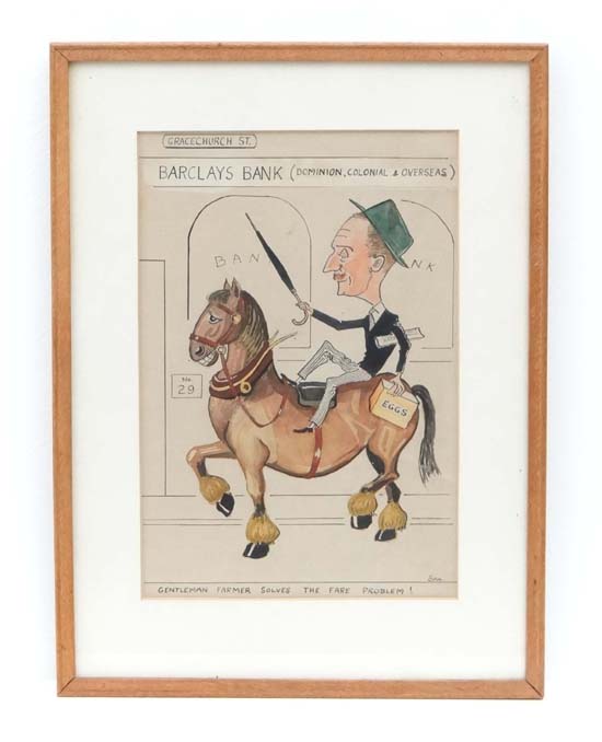 Sam c. 1945
Pen ink and Watercolour original political / topical cartoon ' Gentleman Farmer solves