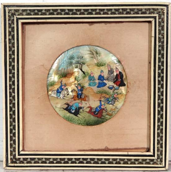 Early XX Indian Hunting Painting
Watercolour on circular Mother of Pearl 
Figures on horseback