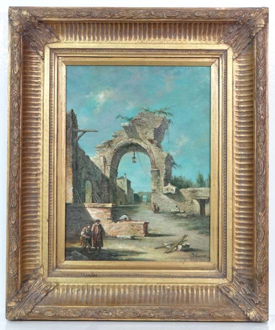 S Smith XX follower of F Guardi
Oil on panel
XVIII Italian ruins with figures
Signed lower right