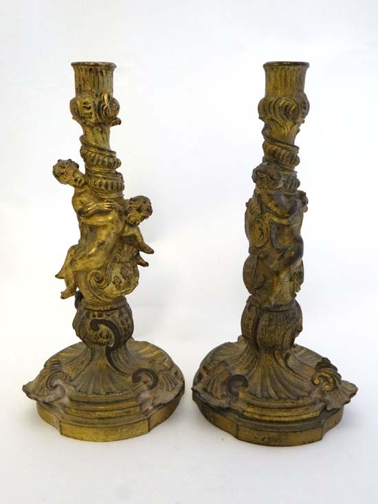 French 18thC candlesticks : A pair of magnificent late 18thC French Baroque / Rococo gilt bronze