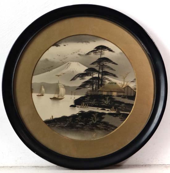 Signed Japanese Highlighted Tondo print (Mid XX)
Mount Fuji from across lake with sailing boats