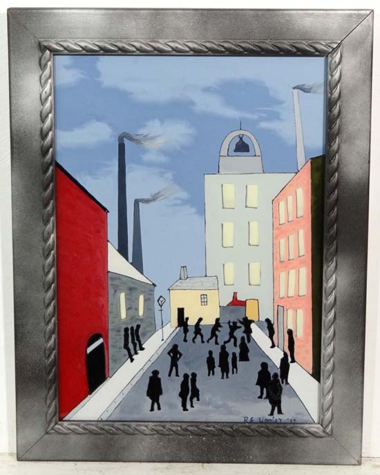 RE Wooley XX
Ceramic paint on reflecting glass,
Lowry style industrial town street scene
Signed