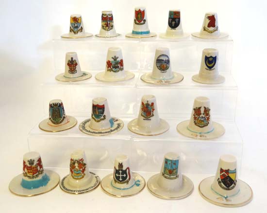 Crested ware : an assortment of Welsh hats  to include : Menai Bridge , Llanggollen ,