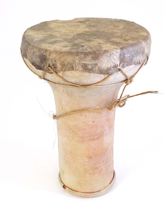 A Tribal hand thrown ceramic drum with animal skin covering 12 1/4" high    CONDITION:  Please