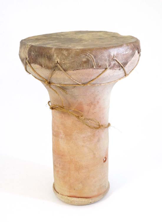 A Tribal hand thrown ceramic drum with animal skin covering 12 1/4" high    CONDITION:  Please - Image 3 of 3