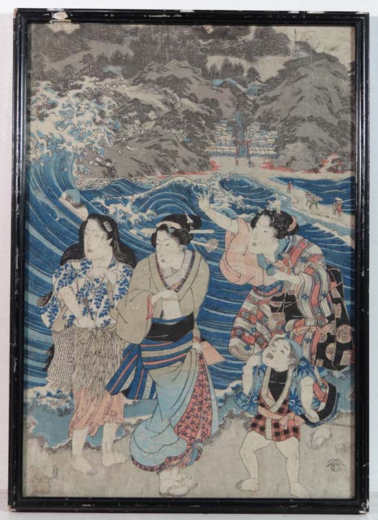 Japanese ukiyo-e woodblock 
A polychrome depiction of 2 Courtesans and their servants, one waving at