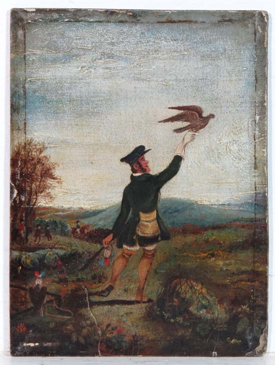 English School Early XIX
Oil on board
Falconer with a Falcon and a bird of Prey wearing jessies