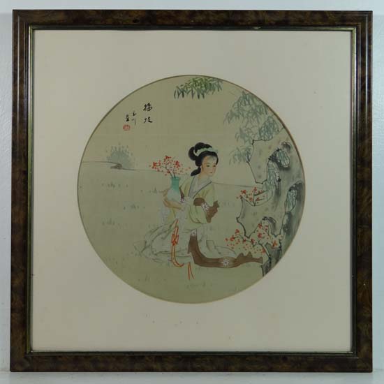 Japanese School
Watercolour on silk, a tondo
Female figure within a garden holding a vase of flowers