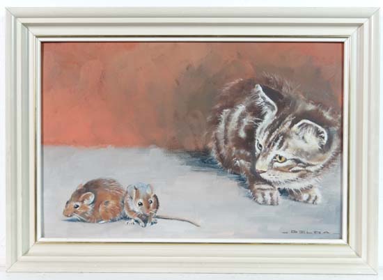 Gilda XX
Oil on panel
Kitten and two mice
Signed lower right
8 1/4 x 12 1/2"   CONDITION:  Please