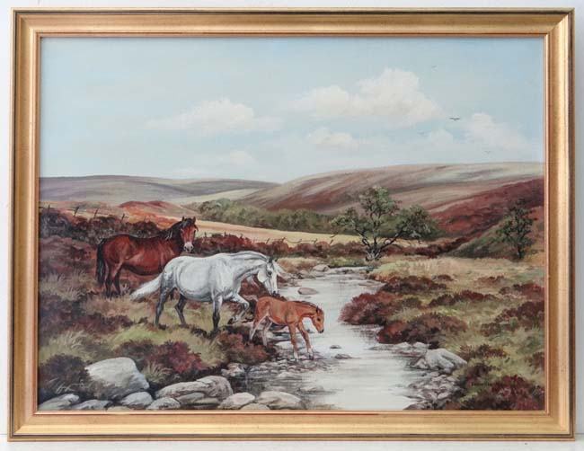 Frances Fry XX Wildlife artist and Illustrator
Oil on canvas
Exmoor ponies and foal crossing a