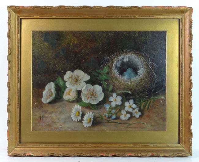 Mary Ensor ( Act. c 1863-1897)
Oil on board
Still life with Bird's nest, daisies and blossom