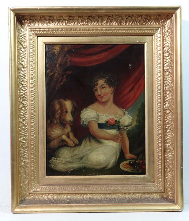 Victorian Portrait of a child
Oil on canvas
Child seated on grass with young dog 
12 1/2" x 9 1/2"