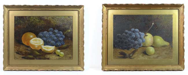Mary Ensor ( Act. c 1863-1897)
Oil on board, a pair (2)
Still lives , grapes, pear , apple, plum,