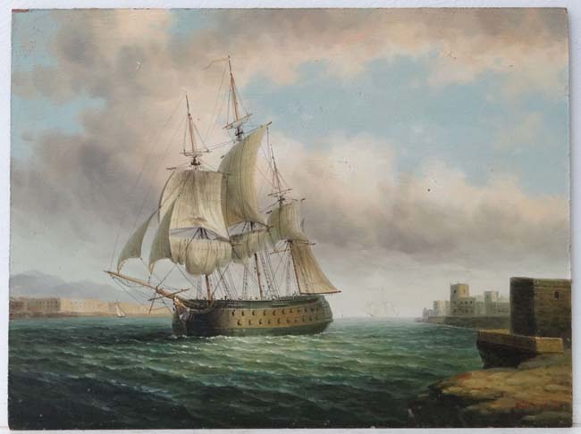 James Hardy XX Marine School
Oil on panel
A Warship entering a harbour, 
Signed lower right oil on