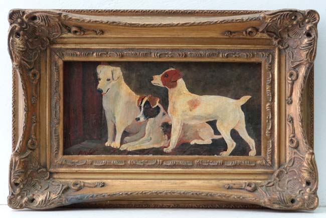 AWG mid XX English School
Oil on canvas laid on board
Three Terrier Dogs on a checkered floor