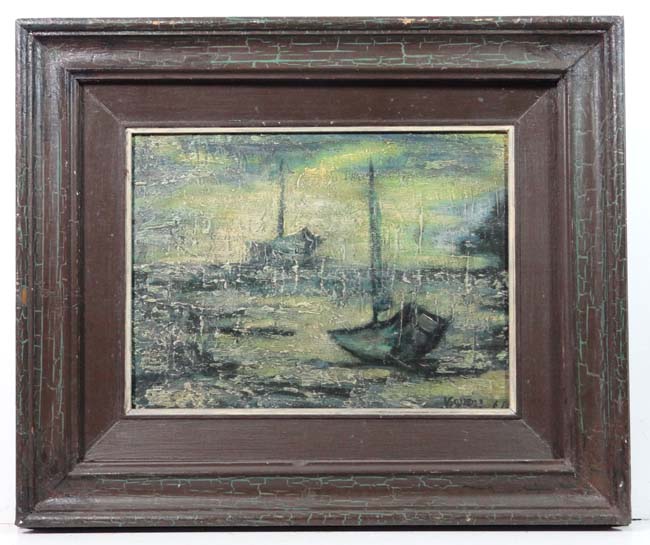 Virgilio Guidi, (XX) Italian school
Oil on board
Boat on a beach and another moored at sea
Signed