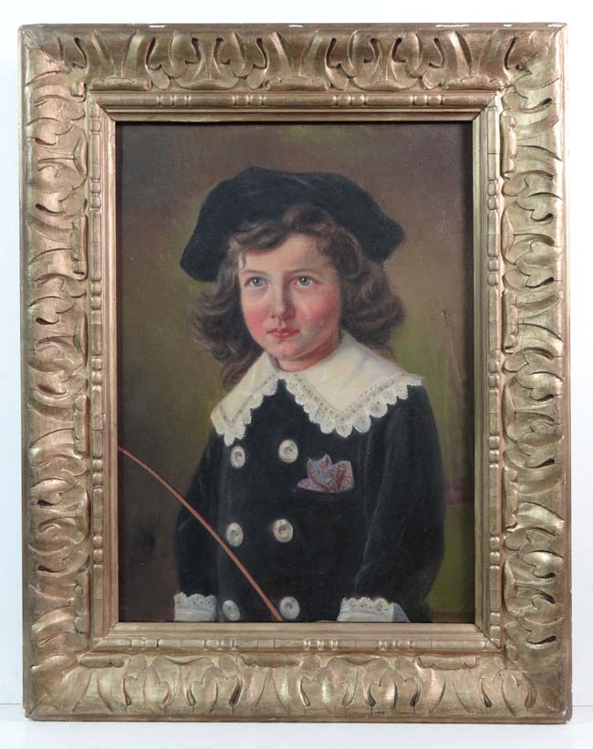 K Gehm XIX Continental School
Oil on canvas
Child wearing a velvet hat and coat , seated on a