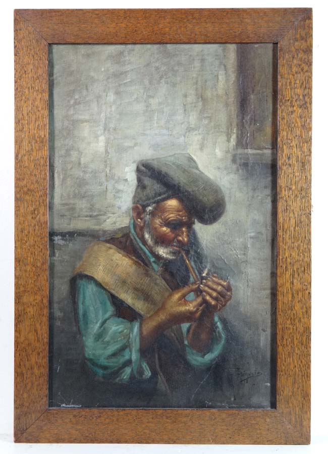 M. Friiria XIX-XX Italian School
Oil on canvas
Old gent smoking a pipe 
Signed lower right
15 1/2