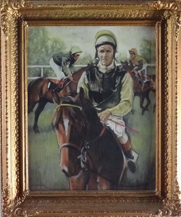 Horse Racing :Mid XX 
Pastel
Jockeys up
In an ornate gilt frame 
18 x 14

Please Note -