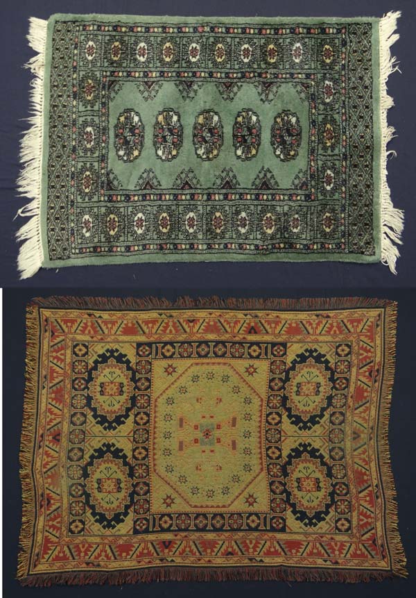 Carpet / Rug-Turkmen style woollen prayer mat with five tribal guls on a green field surrounded by a