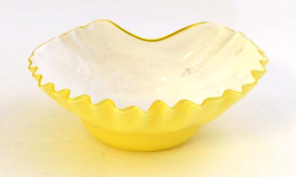 A c1900 yellow on white (citrine cased) over lay sweet meat glass bowl approx 5" wide