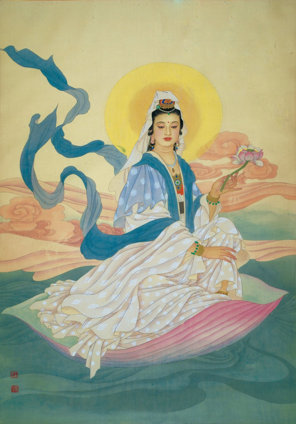 ZHAO GUOJING & WANG MEIFANG, GUANYIN (AVALOKITESVARA), Coloured on silk, Framed. 120 cm × 80 cm