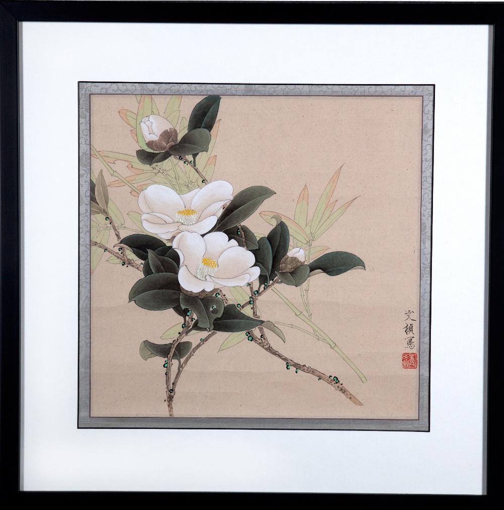 GONG WENZHEN (b. 1945) CAMELLIA AND BAMBOO 33 x 33 cm.
Some camellia blossoms elegantly top the