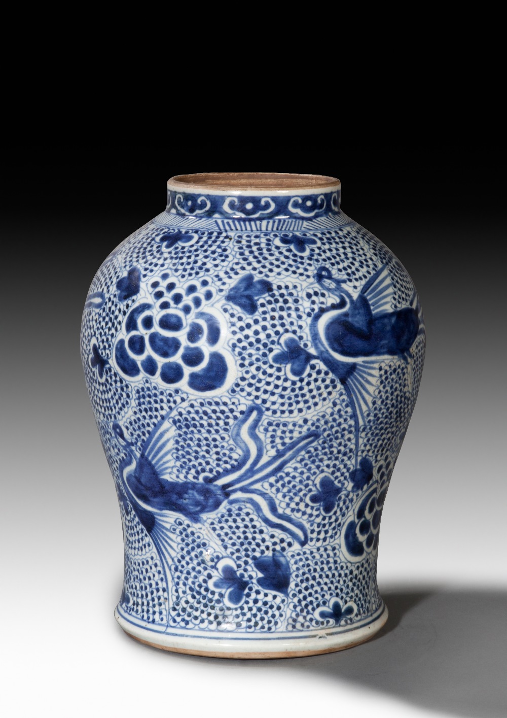 A LARGE BLUE-AND-WHITE PHOENIX AND PEONY JAR, 19TH CENTURY, H: 32.3 cm.
A baluster shaped vase,