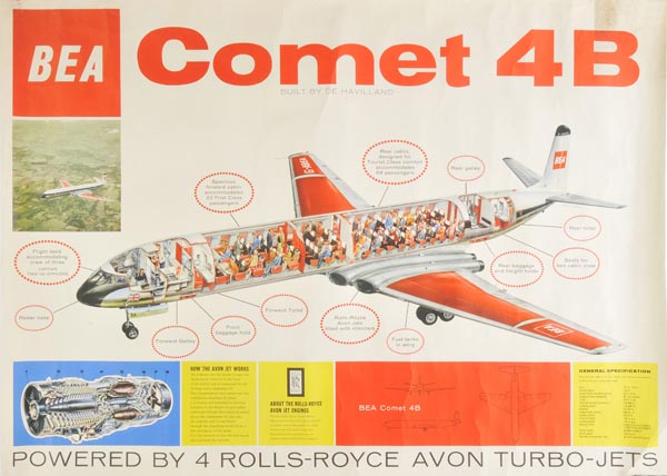*BEA Comet 4B. An original 1950s advertising poster, showing a cuttaway image of a Comet and