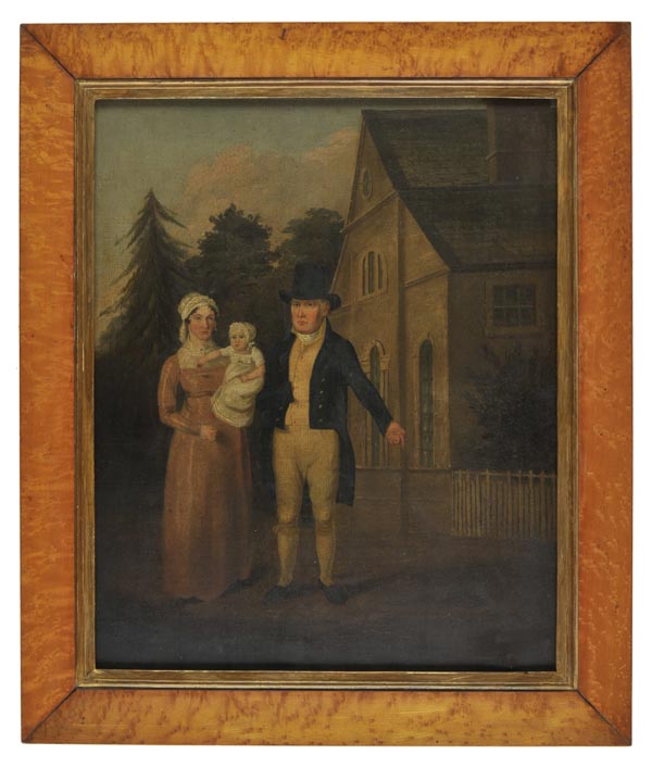 *  Naive School. ÒJasper Ryles (? Riles), Wife and Child in Front of Newly Built HouseÓ, c.1800,